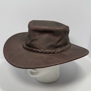 Western Minnetonka Fold Up Hat Brown Leather Outback Safari Wide Brim Large Mens